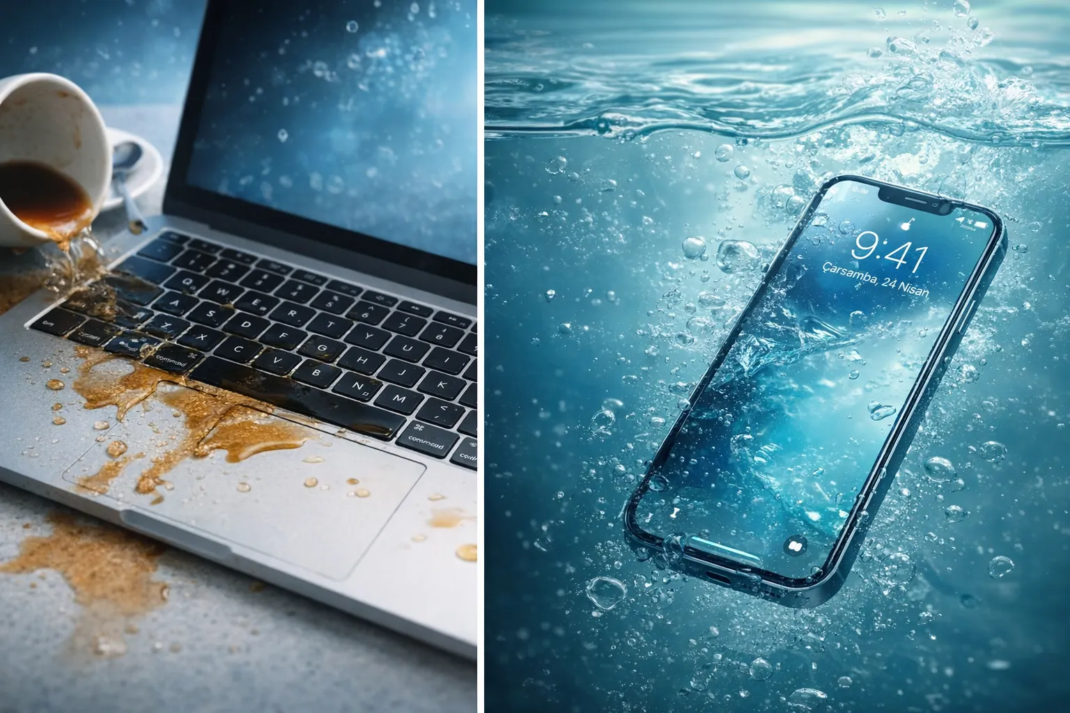 MacBook ve iPhone sıvı teması teknik servis görseli